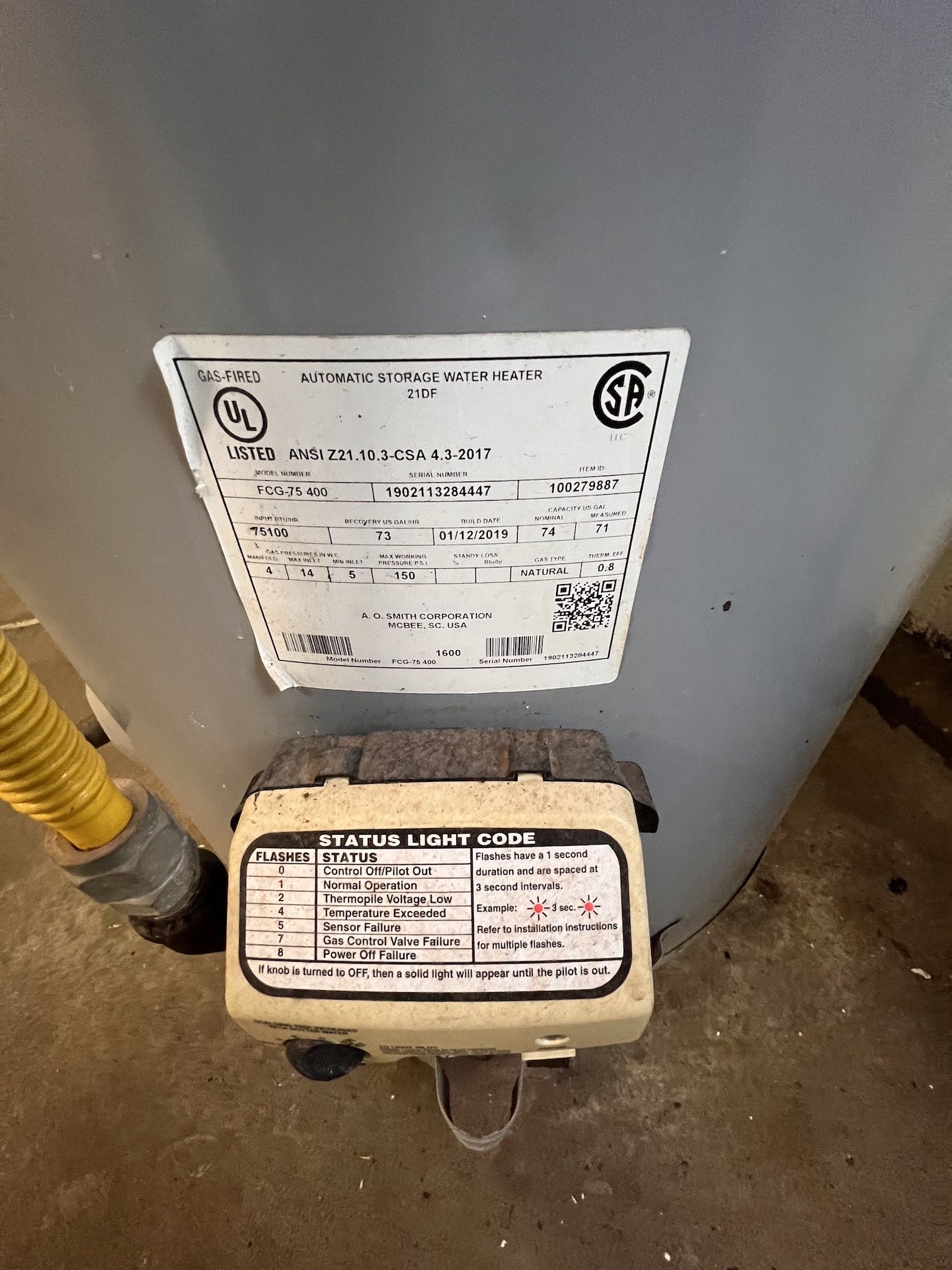 2019 AC SMITH NATURAL GAS WATER HEATER, MODEL FCG-75 400, S/N 100279887 - Image 2 of 3