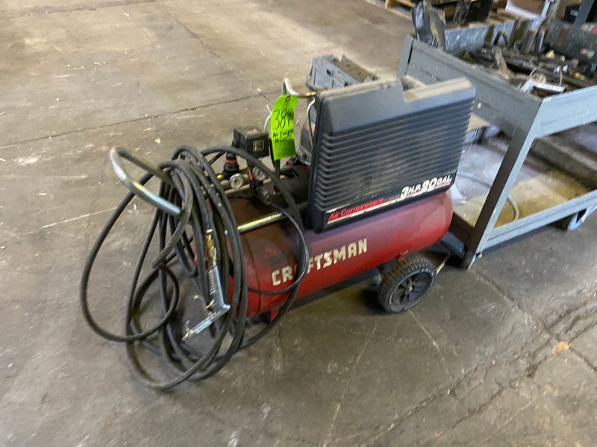 CRAFTSMAN 3 HP AIR COMPRESSOR, WITH 20 GAL. HORIZONTAL RECEIVER, MOUNTED ON WHEELS (LOCATED IN CALLE