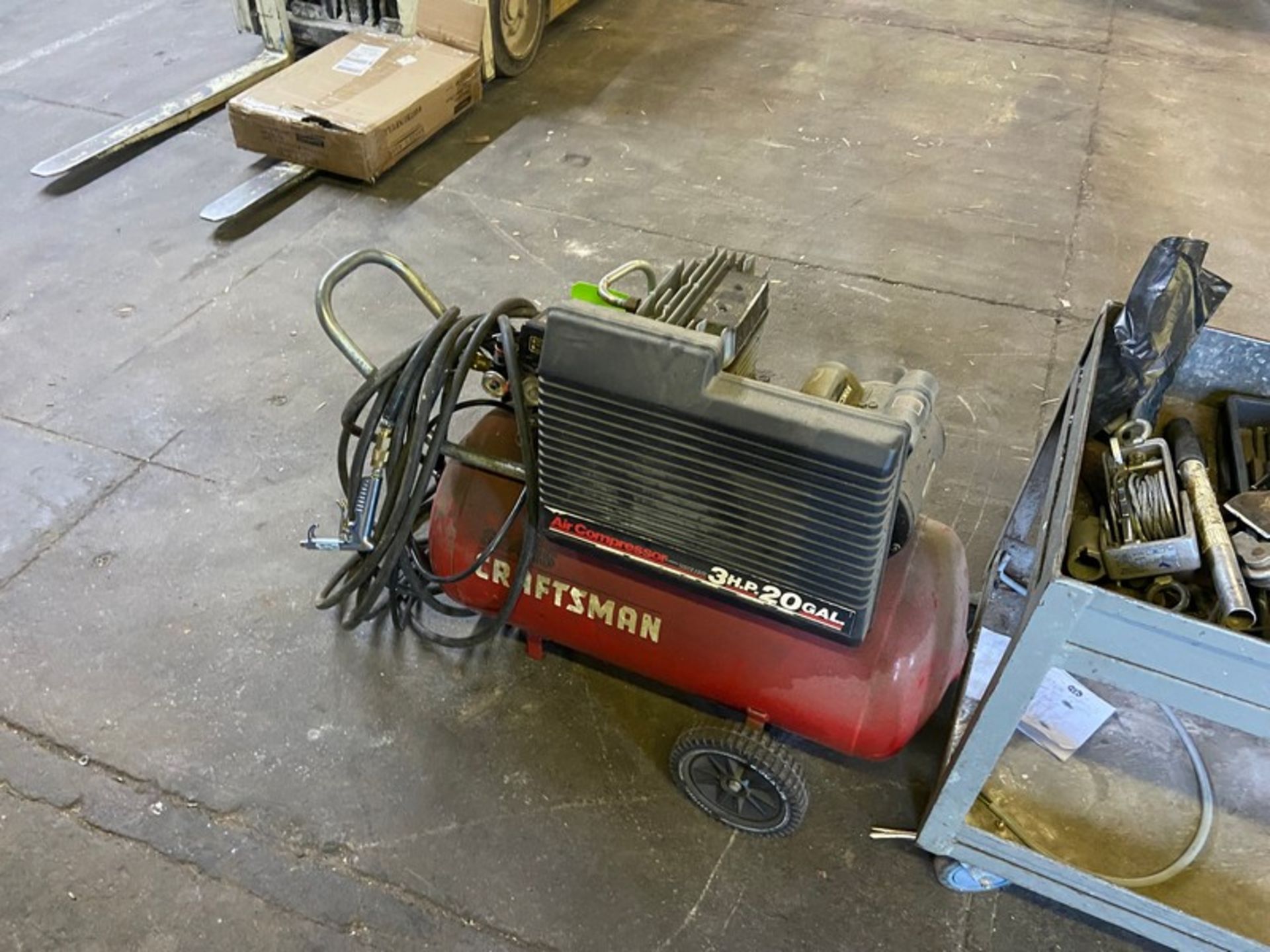 CRAFTSMAN 3 HP AIR COMPRESSOR, WITH 20 GAL. HORIZONTAL RECEIVER, MOUNTED ON WHEELS (LOCATED IN CALLE - Image 2 of 3