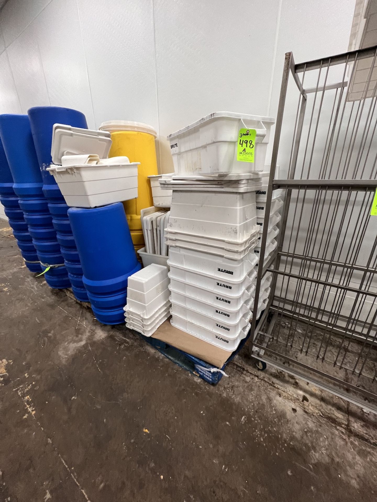 (3) PALLETS OF ASSORTED PLASTIC BINS, BRUTE TOTES WITH LIDS, GREIF BARRELS WITH METAL LOCK BANDS