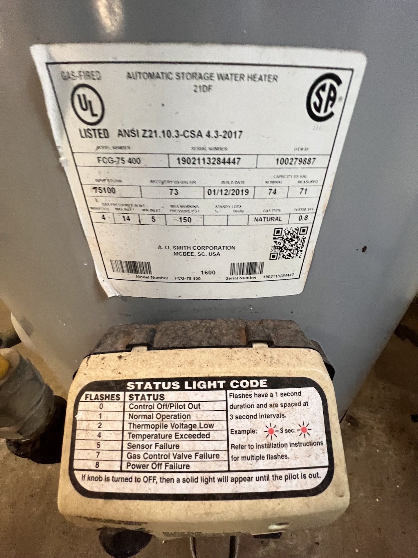 2019 AC SMITH NATURAL GAS WATER HEATER, MODEL FCG-75 400, S/N 100279887 - Image 3 of 3
