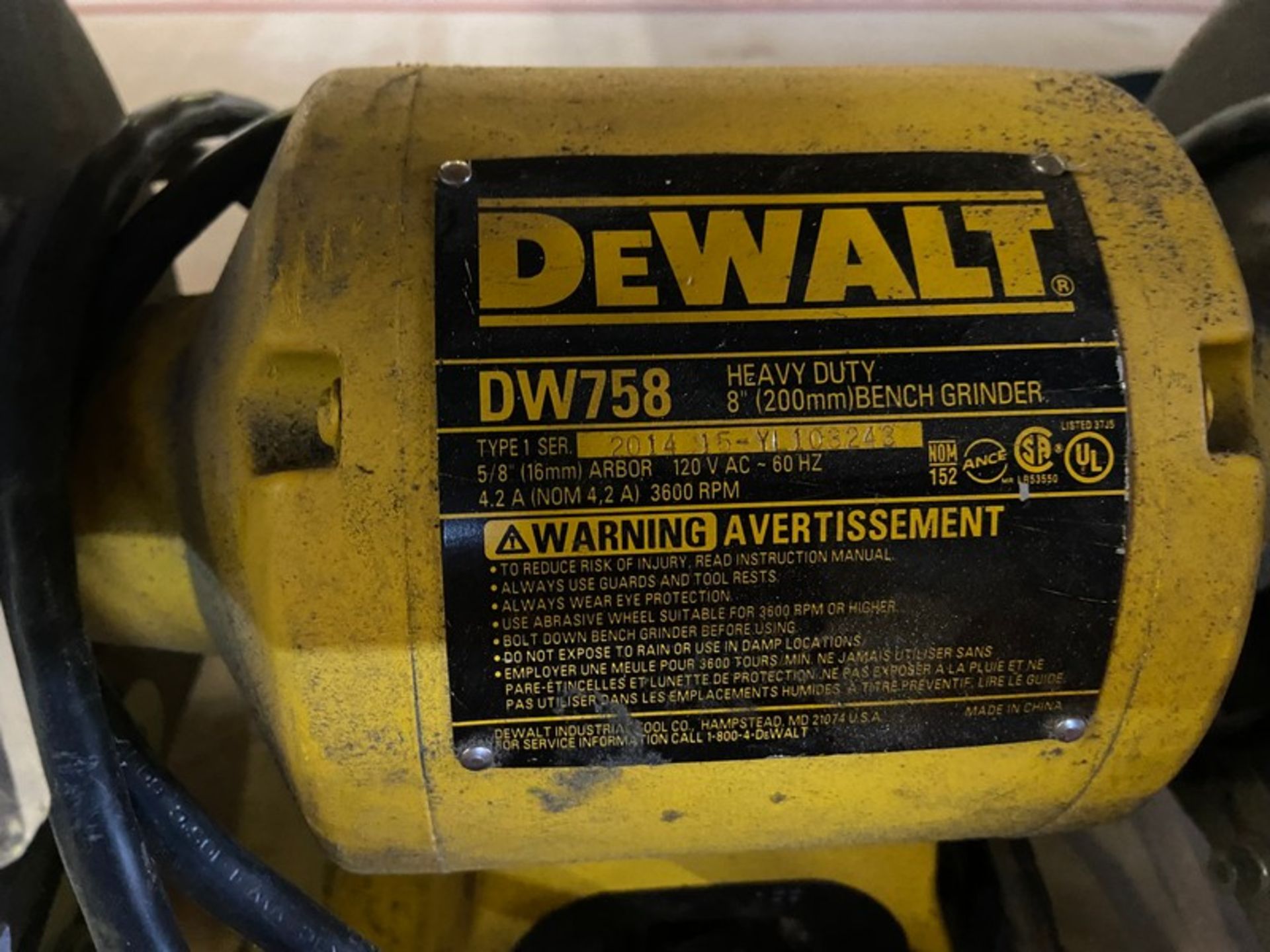 DEWALT HEAVY DUTY 8" BENCH GRINDER, M/N DW758, TYPE 1, 120 VOLTS (LOCATED IN CALLERY, PA) - Image 3 of 5