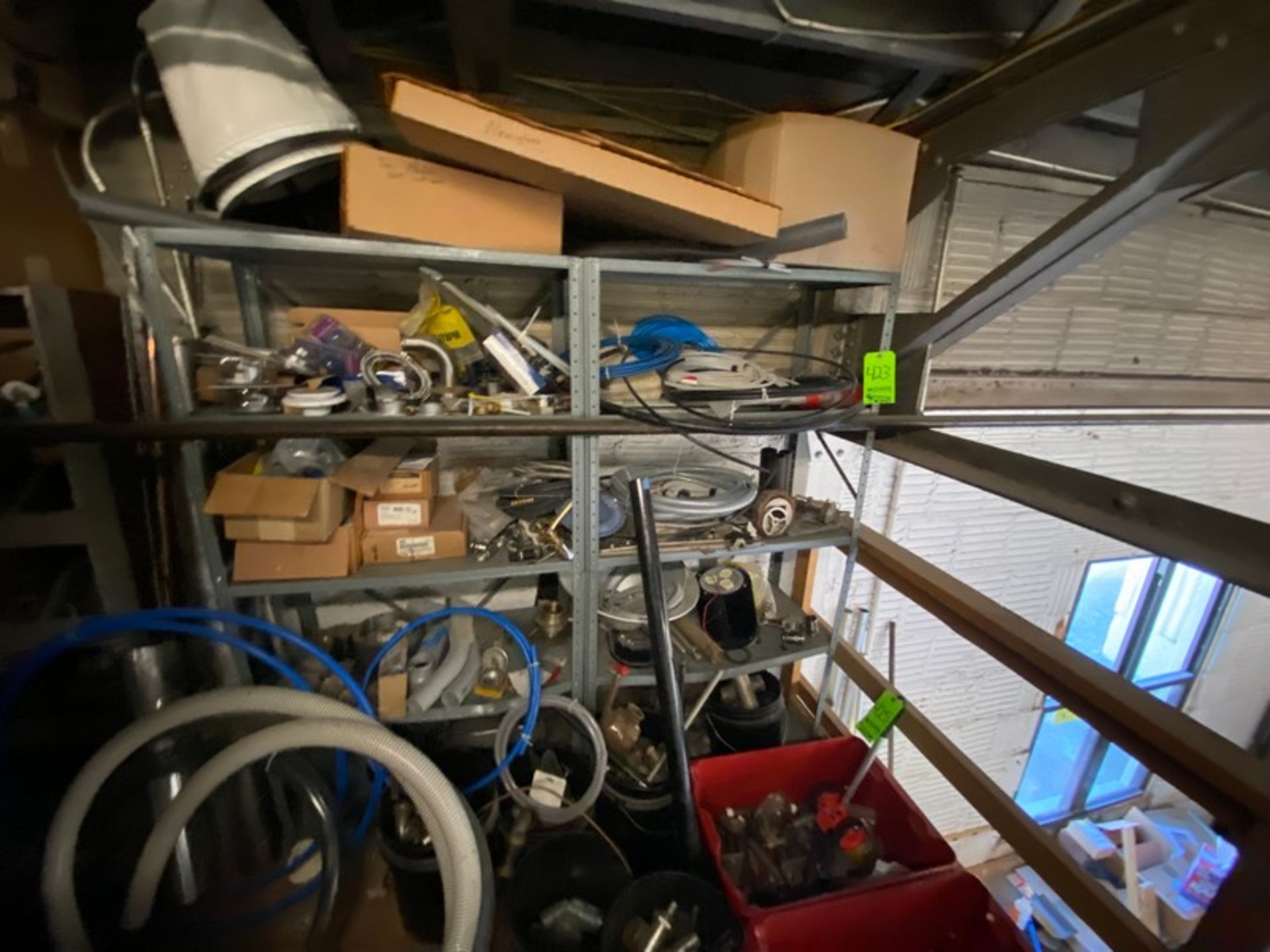 CONTENTS OF MIDDLE SHELVING UNITS, INCLUDES BELTS, ASSORTED ELECTRICAL PLUGS, LIGHT PROTECTION UNITS - Image 4 of 7