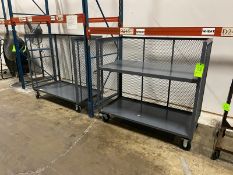(2) CAGE CARTS, 1-IS (1) SHELF DESIGN & 1-IS (2) SHELF DESIGN, MOUNTED ON CASTERS (LOCATED IN