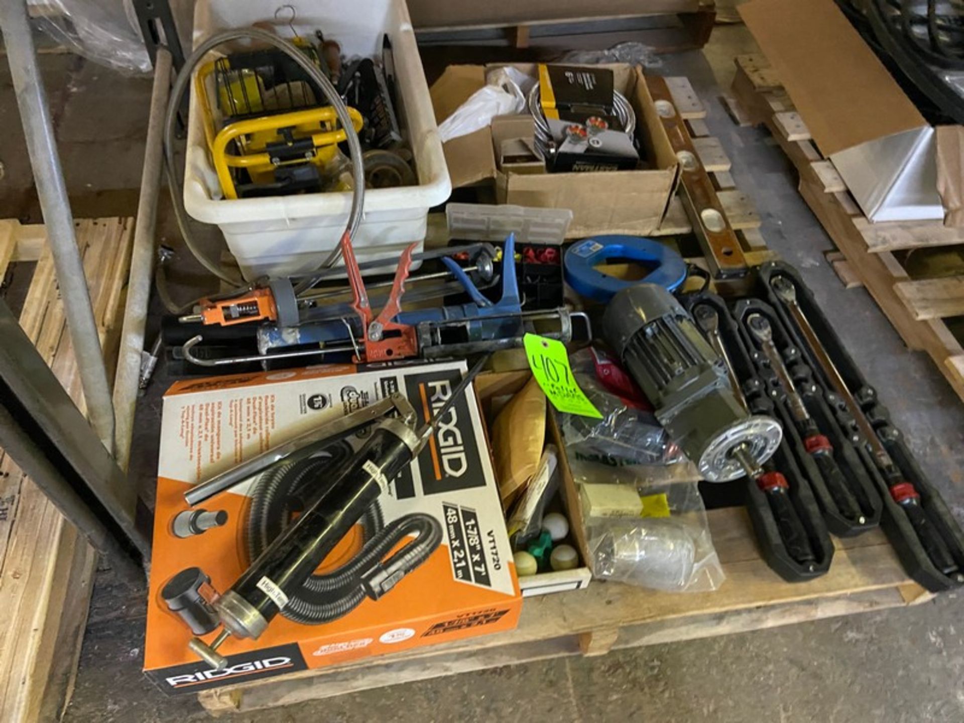 PALLET OF ASSORTED SHOP ITEMS, INCLUDES CAULKING GUNS, RIGID HOSE, LIGHT, (3) SOCKET WRENCHES, & OT