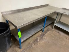 S/S TABLE WITH METAL BLUE LEGS, OVERALL DIMS.: APROX. 96” L x 32” W x 36” H (LOCATED IN CALLERY,