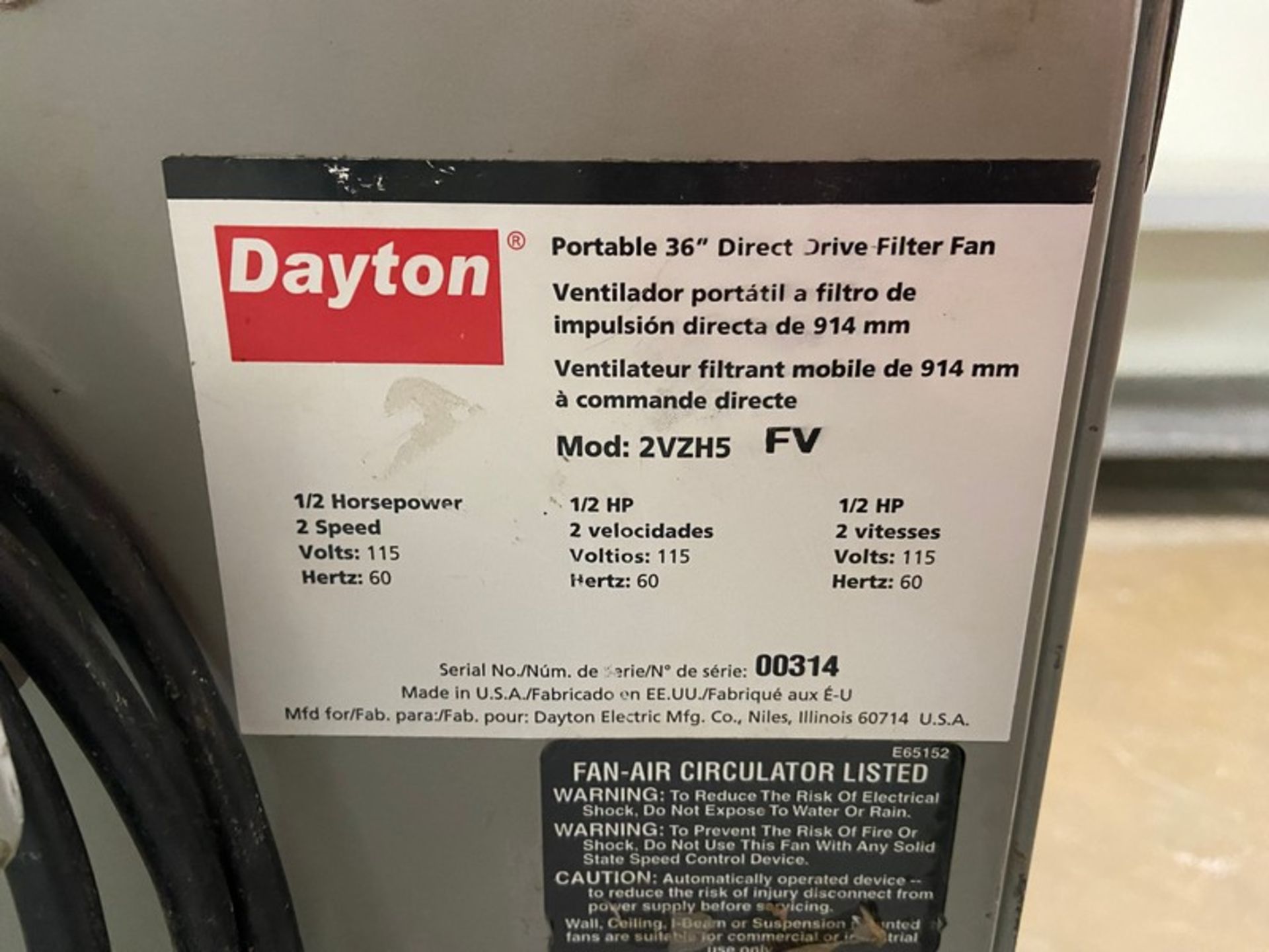 DAYTON 36" DIRECT DRIVE FILTER FAN, M/N 2VZH5, 115 VOLTS, MOUNTED ON CASTERS (LOCATED IN CALLERY, PA - Image 3 of 3