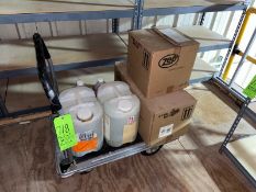 LOT OF ASSORTED DISINFECTANT CLEANER WITH PORTABLE CART, WITH RUBBER WHEELS (LOCATED IN HERMINIE,