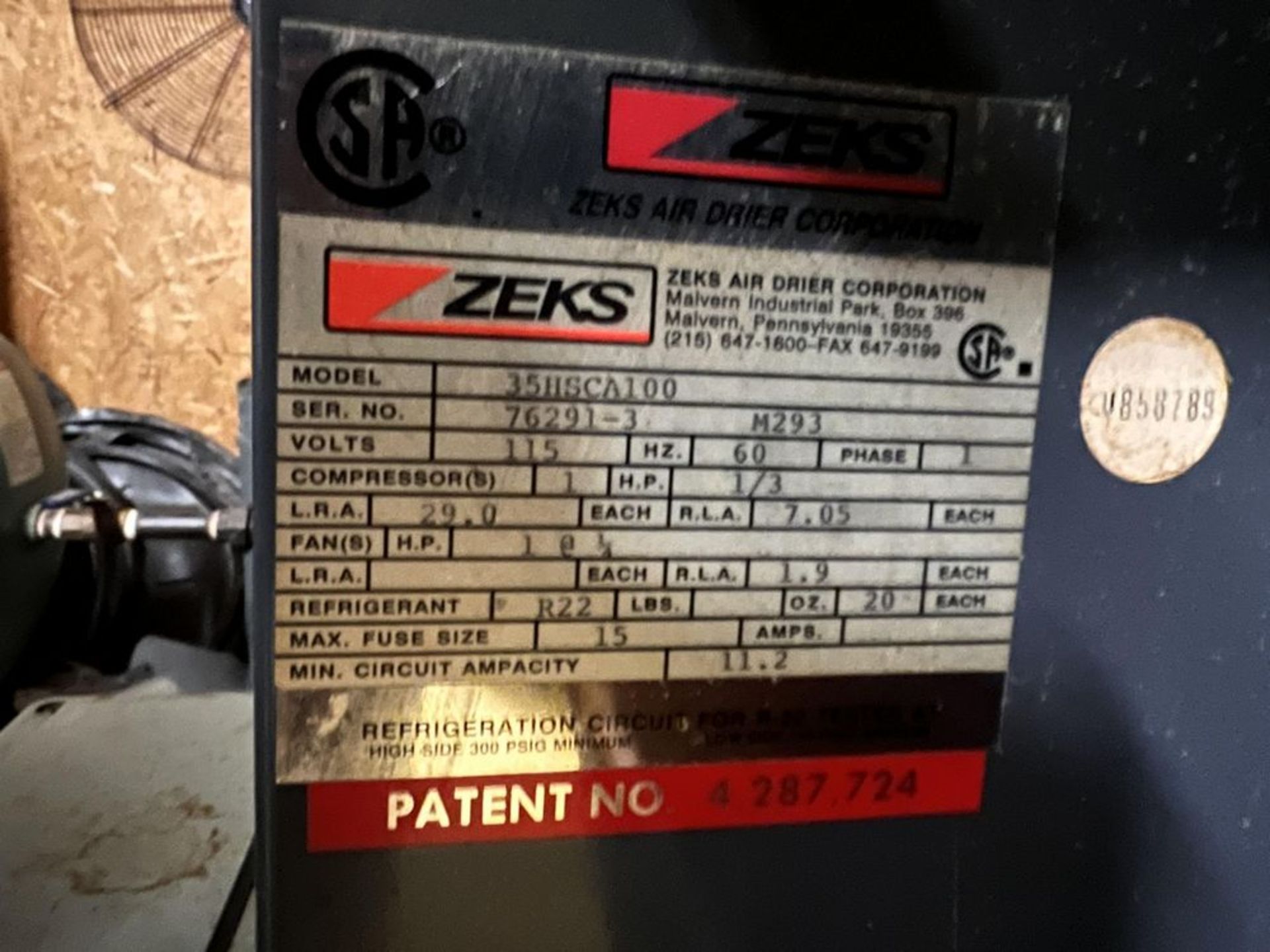 ZEKS AIR DRYERS, MODEL 35HSACA100, 76291-3 M293, 115 V, SINGLE PHASE - Image 3 of 9