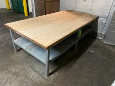 LARGE BUTCHER BLOCK TABLE, WITH BOTTOM SHELF STORAGE (LOCATED IN HERMITAGE, PA)