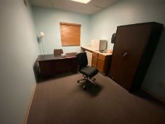 CONTENTS OF OFFICE, INCLUDES WOODEN DESK, DOUBLE DOOR CABINET, WITH WOODEN STORAGE UNIT (LOCATED IN