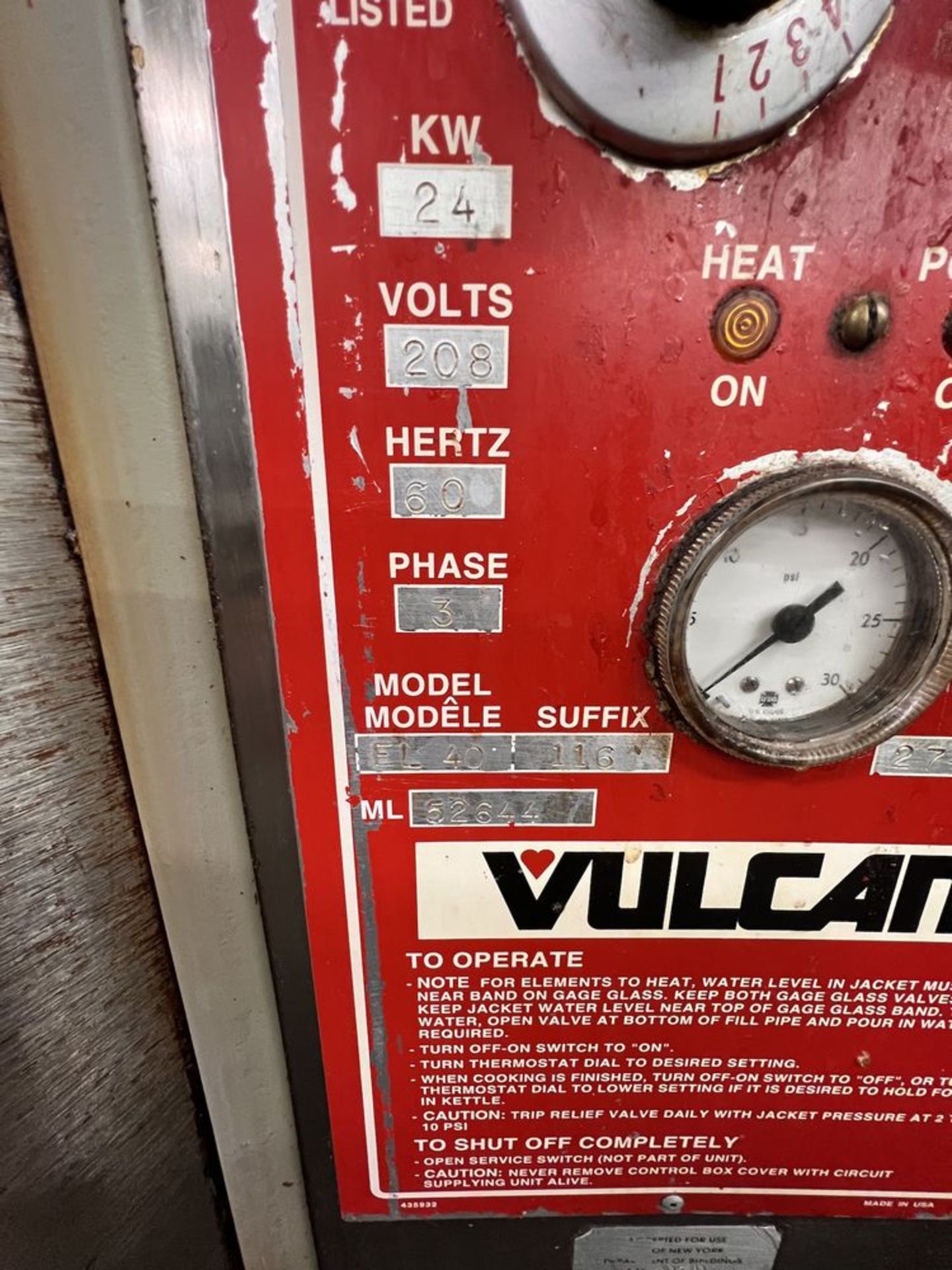 VULCAN STEAM JACKETED MELTING KETTLE, MODEL EL 40 116, S/N 27-1135337, 3-PHASE - Image 4 of 13