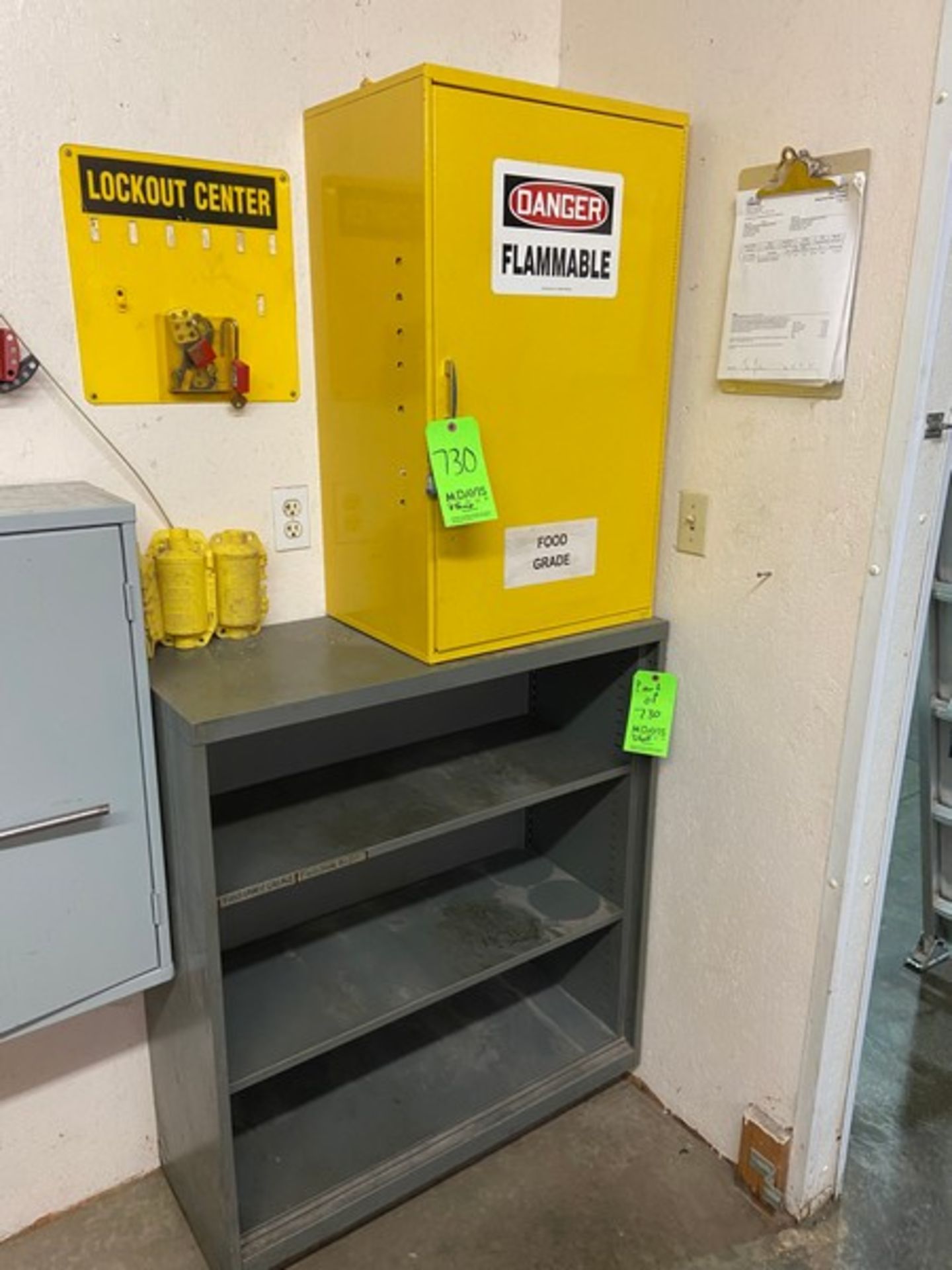 SINGLE DOOR FLAMMABLE STORAGE CABINET, WITH 3-SHELF SHELVING UNIT (LOCATED IN HERMINIE, PA)