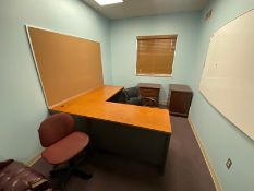 CONTENTS OF OFFICE, INCLUDES L-SHAPE DESK, (2) COMFORTABLE CHAIRS, & OTHER OFFICE CHAIRS (LOCATED IN