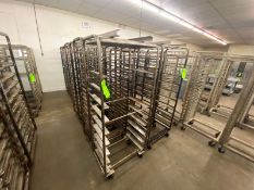 (8) PORTABLE BAKING PAN RACKS, WITH TOP MOUNTED OVEN RAIL, MOUNTED ON CASTERS (LOCATED IN HERMITAGE,