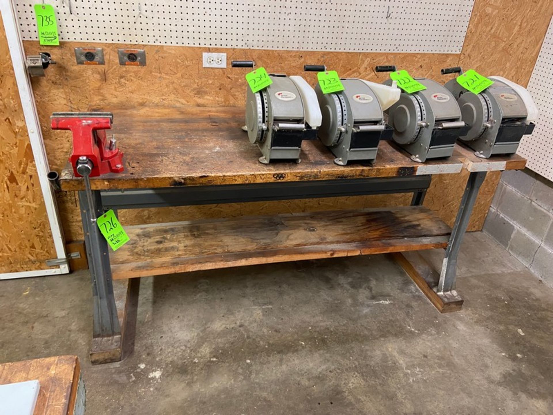 WOODEN SHOP TABLE, WITH WILTON VISE, WITH BOTTOM SHELF (LOCATED IN HERMINIE, PA)