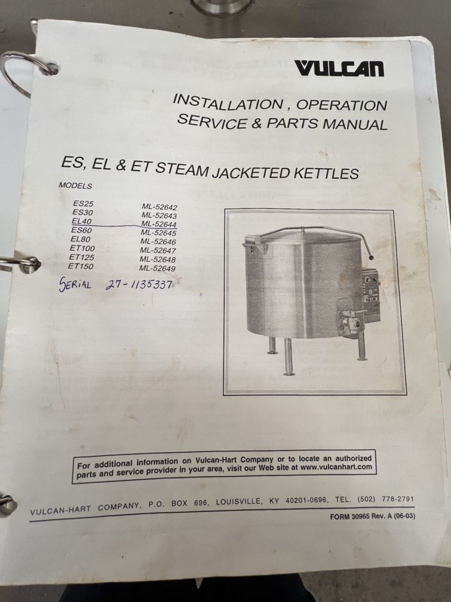 VULCAN STEAM JACKETED MELTING KETTLE, MODEL EL 40 116, S/N 27-1135337, 3-PHASE - Image 8 of 13