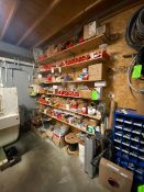 6-SHELVES OF CONTENTS, INCLUDES SPROLLS OF TUBE & WIRE, PARTS BINS OF ASSORTED PARTS, MOTORS, FUSES,