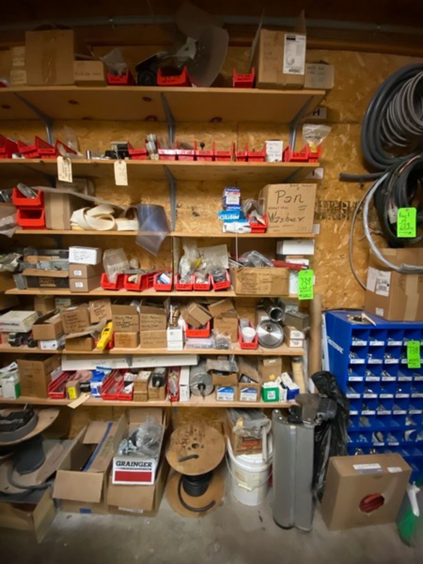 6-SHELVES OF CONTENTS, INCLUDES SPROLLS OF TUBE & WIRE, PARTS BINS OF ASSORTED PARTS, MOTORS, FUSES, - Image 3 of 4