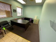 CONTENTS OF RECEPTION AREA, INCLUDES U-SHAPE DESK, (2) SMALL FILING CABINETS, OFFICE CHAIRS, & WOODE