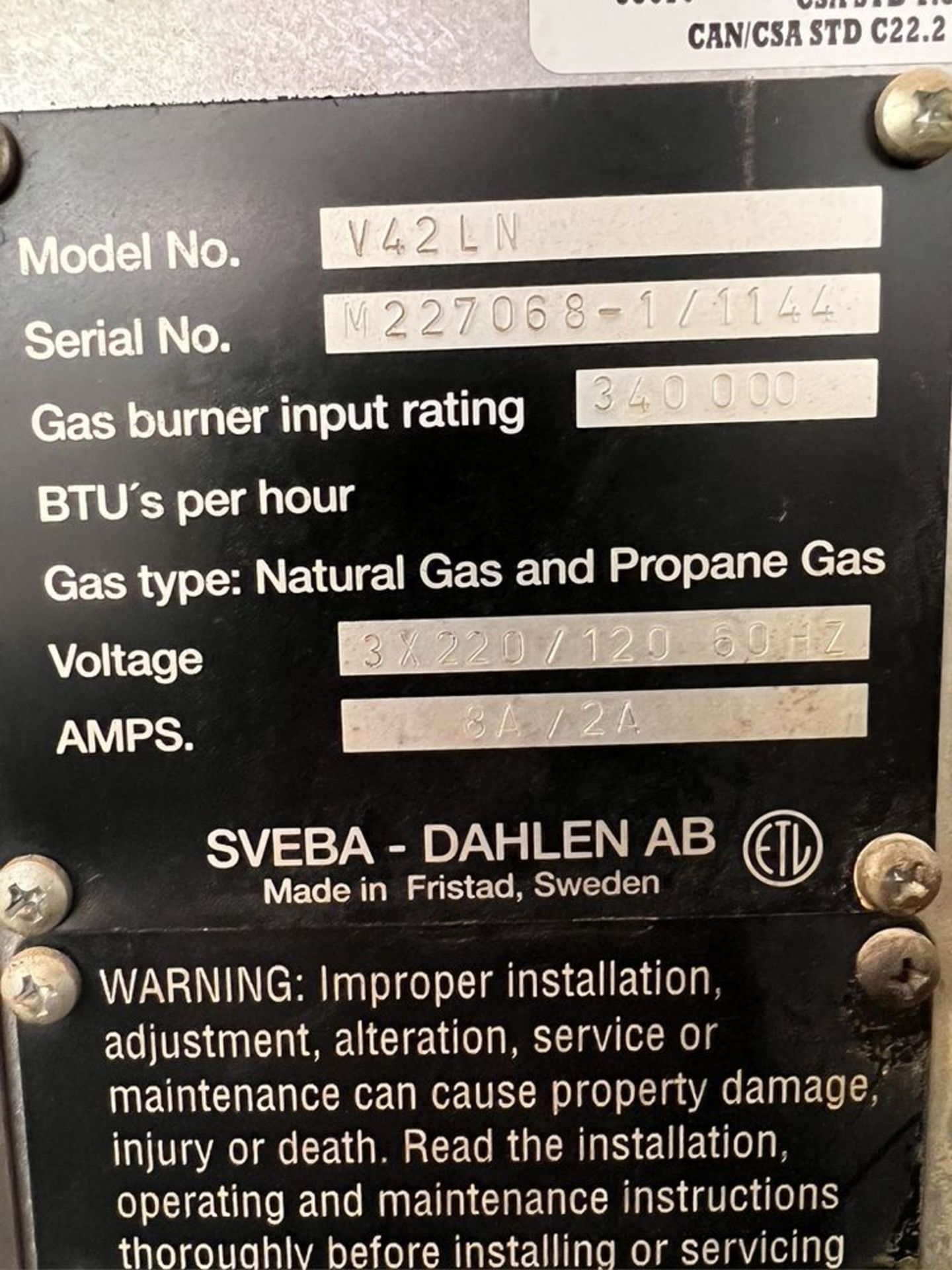 SVEBA DAHLEN RACK OVEN, MODEL V42LN, S/N M 227068-1/1144,NATURAL GAS - Image 9 of 9