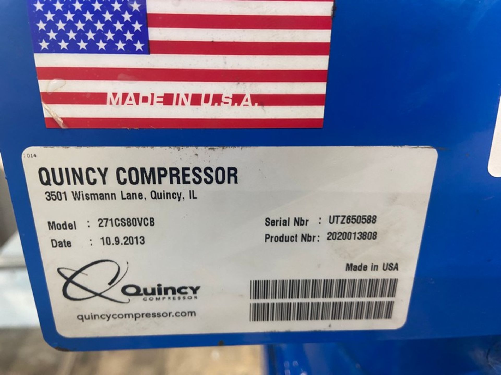 2013 Quincy 7.5 hp Air Compressor, M/N 271CS80VCB, S/N UTZ650588, with 80 Gal. Vertical Receiver - Bild 4 aus 6