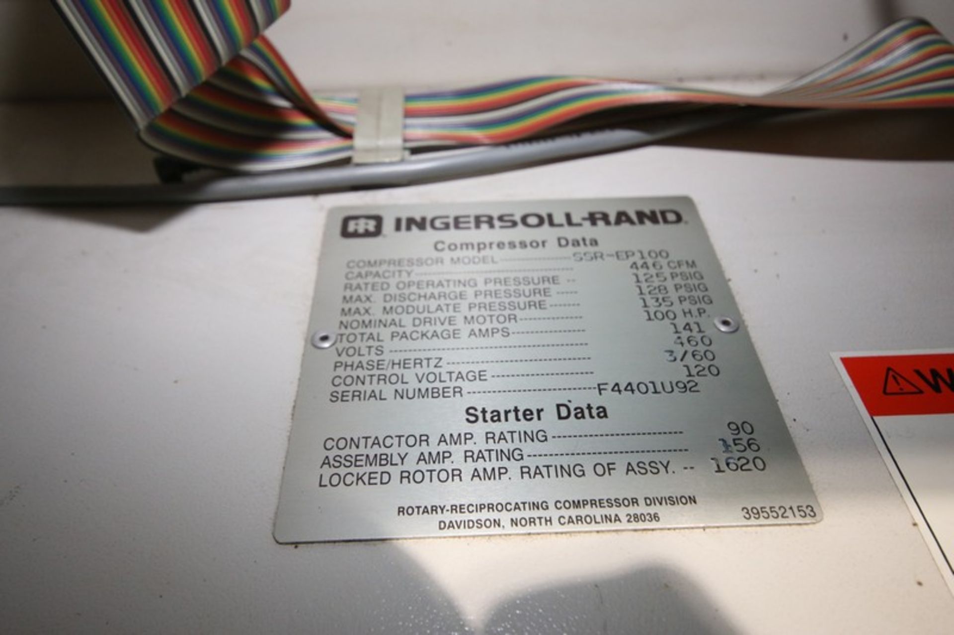 Ingersoll Rand, 100hp, Screw Air Compressor,Model SSR-EP100, SN F4401U92, 125 psig, 460V (INV # - Image 8 of 8