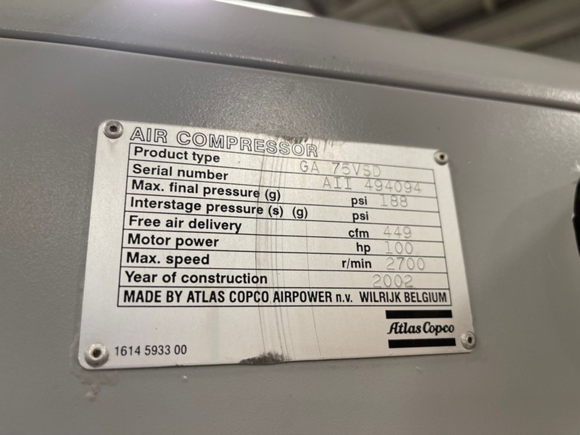 02 Atlas Copco 100 hp Screw Air Compressor, Model GA 75VSD, SN, AII 494094, 188 psi, 460V (INV # - Image 8 of 8