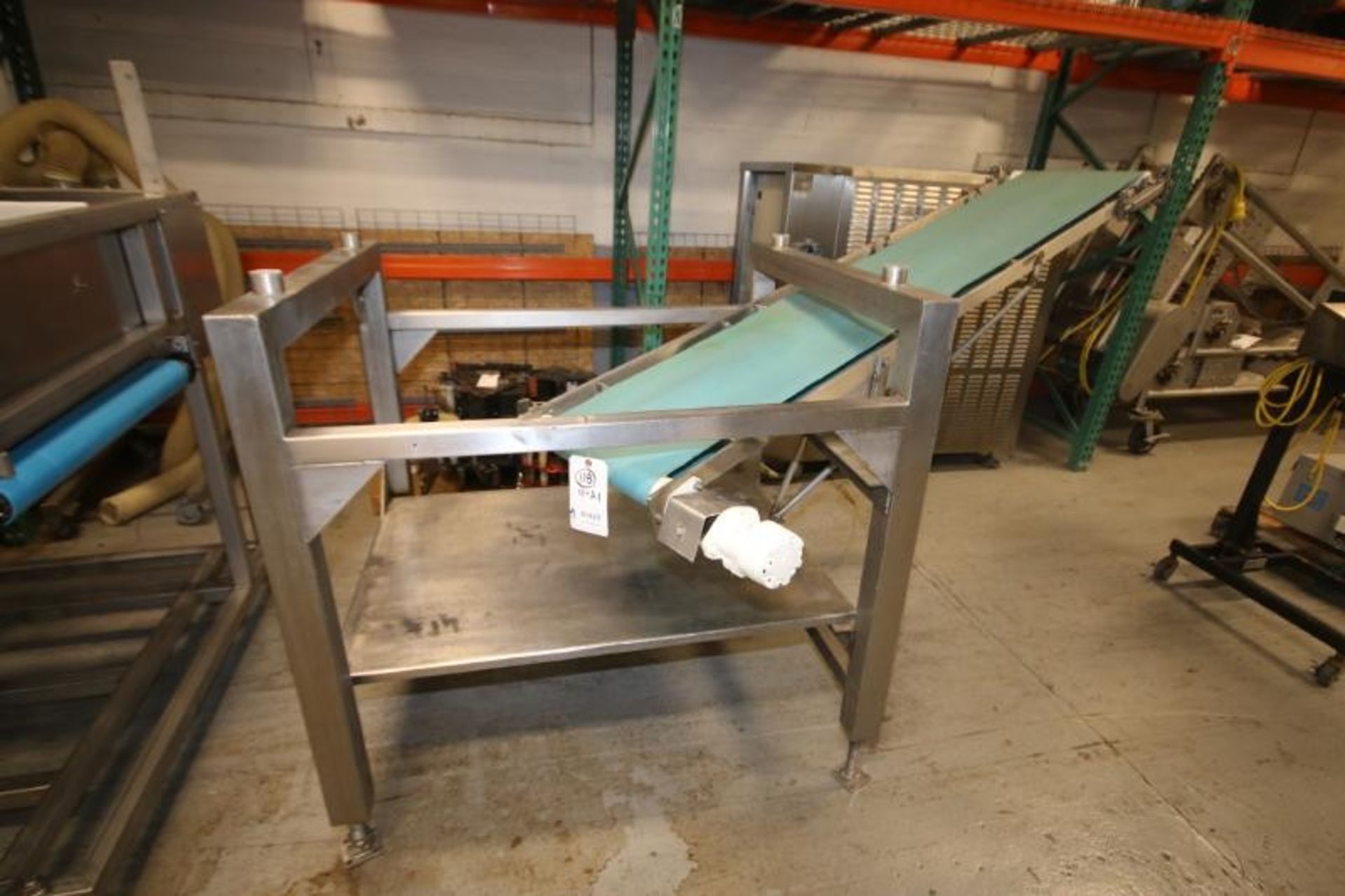 92" L x 16" W Rotating Inclined S/S Belt Conveyor System with Drive Motor, Mounted on 50" L x 42"