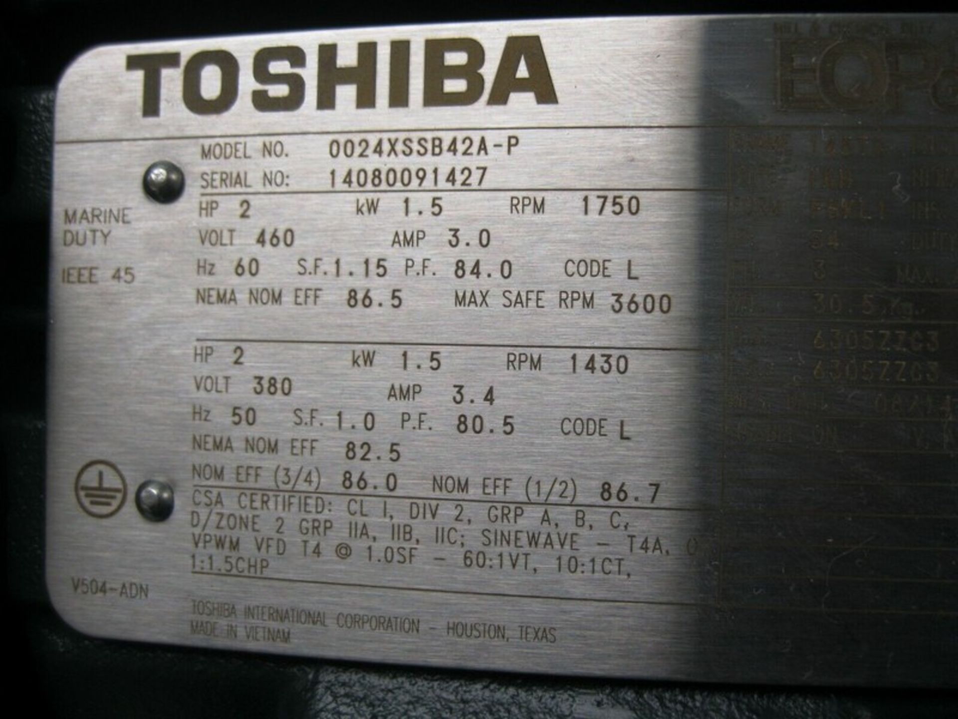 Toshiba 0024XSSB42A-P Motor 2 HP 460V NEW (Located Springfield, NH)(Handling Fee $25) (NOTE: Packing - Image 4 of 4