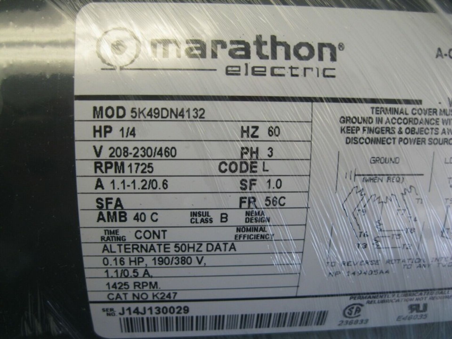 Marathon Electric K247 Model 5K49DN4132 A-C Motor 1/4 HP NEW (Located Springfield, NH)(Handling - Image 4 of 5