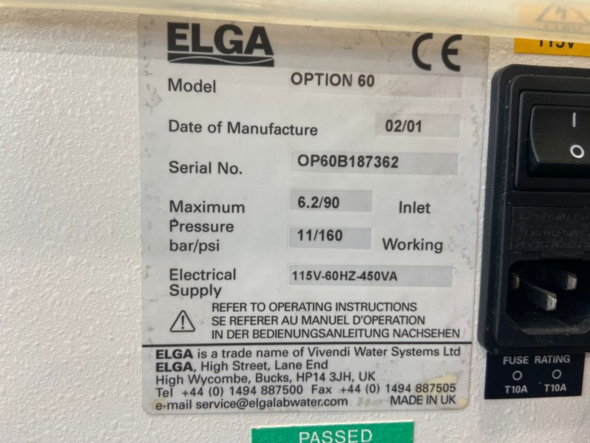 ELGA Water Purification System, M/N Option 60, S/N OP60B187362 (INV#99496) (Located @ the MDG - Image 3 of 5
