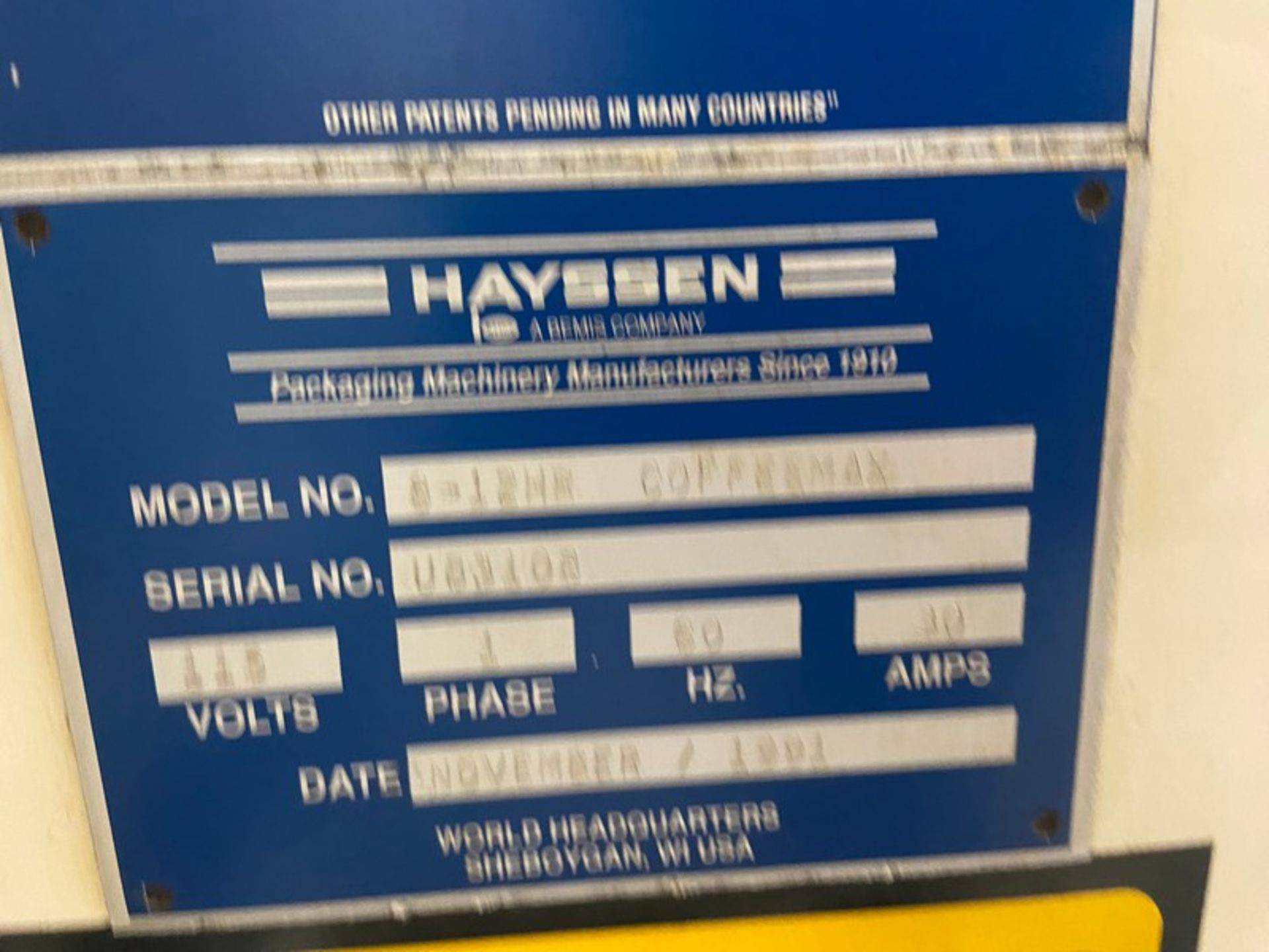 Hayssen VFFS, M/N 8-12HR COFFEEMAX, S/N U83108, 115 Volts, 3 Phase, with Forming Tube, with Mateer- - Image 8 of 15