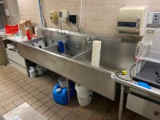 3-Bowl S/S Sink, Mounted on S/S Legs (LOCATED IN MIDDLETOWN, N.Y.)-FOR PACKAGING & SHIPPING QUOTE,