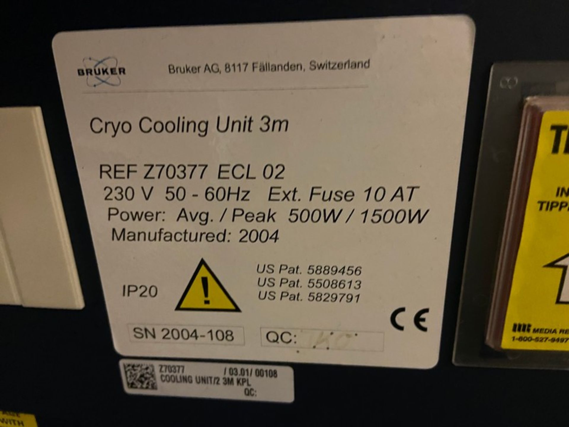 Bruker Cryo Platform Cryocooler Unit 3m, S/N 2004-108, REF Z70377 ECL 02, 230 Volts (LOCATED IN- - Image 5 of 6