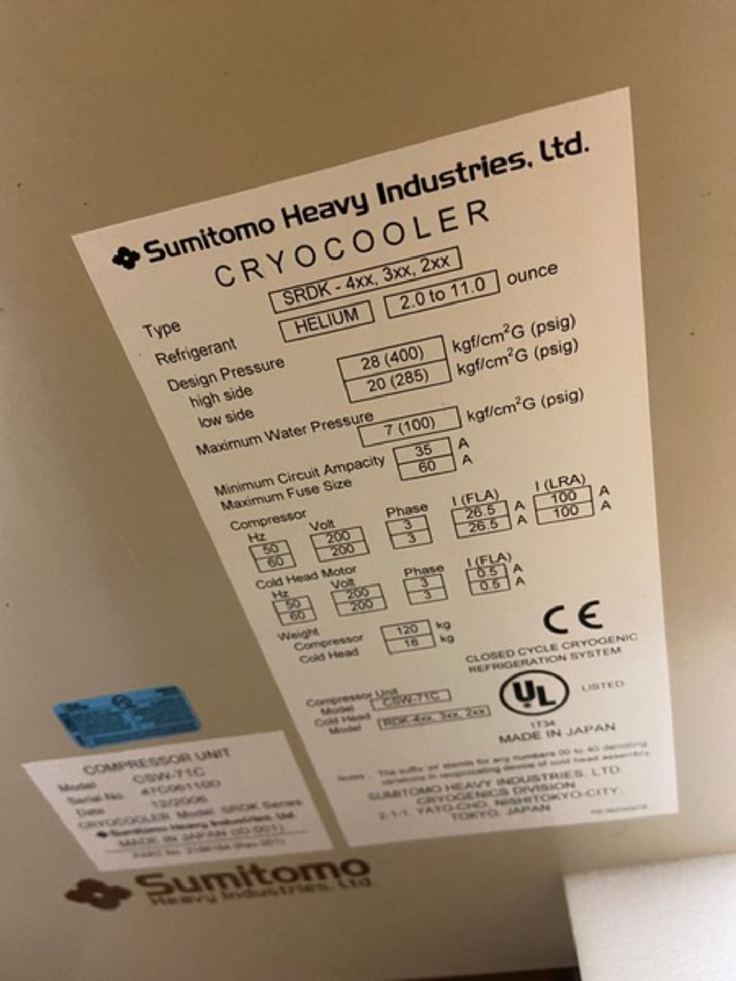 Sumitomo Heavy Industries, Ltd Cryocooler, Type SRDK-4xx, 3xx, 2xx, Refrigerant: Helium 2.0 to 11.- - Image 4 of 5