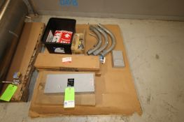 Pallet of Assorted Electrical, Includes Fuse Boxes Conduit, Emergency Exit Sign, (2) Chromalax