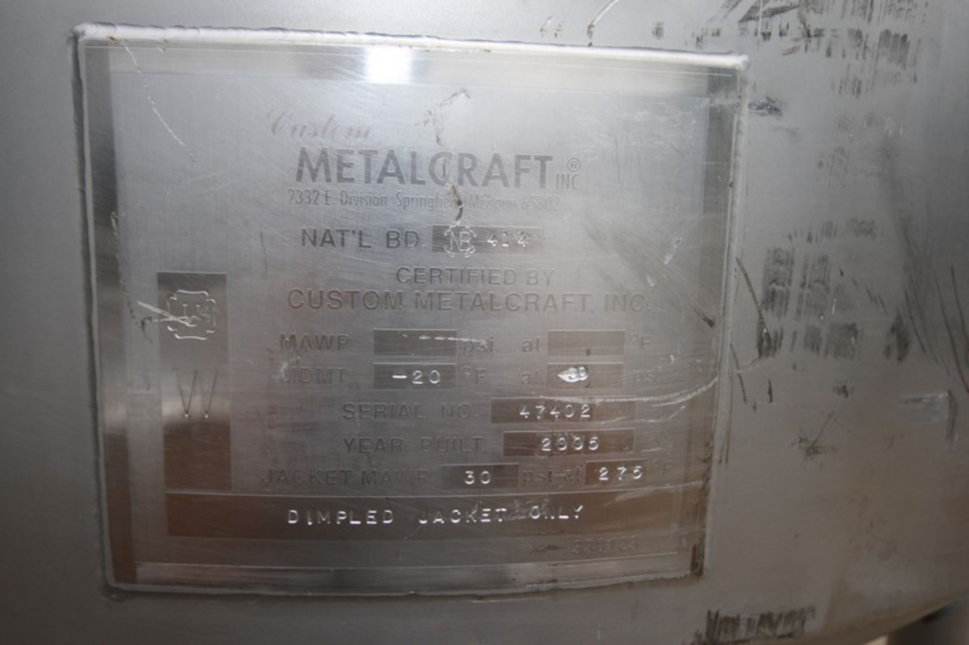 Custom Metalcraft Aprox. 80 Gallon Hinged Lid, Cone Bottom, S/S Processor, SN 47402, National BD # - Image 9 of 9