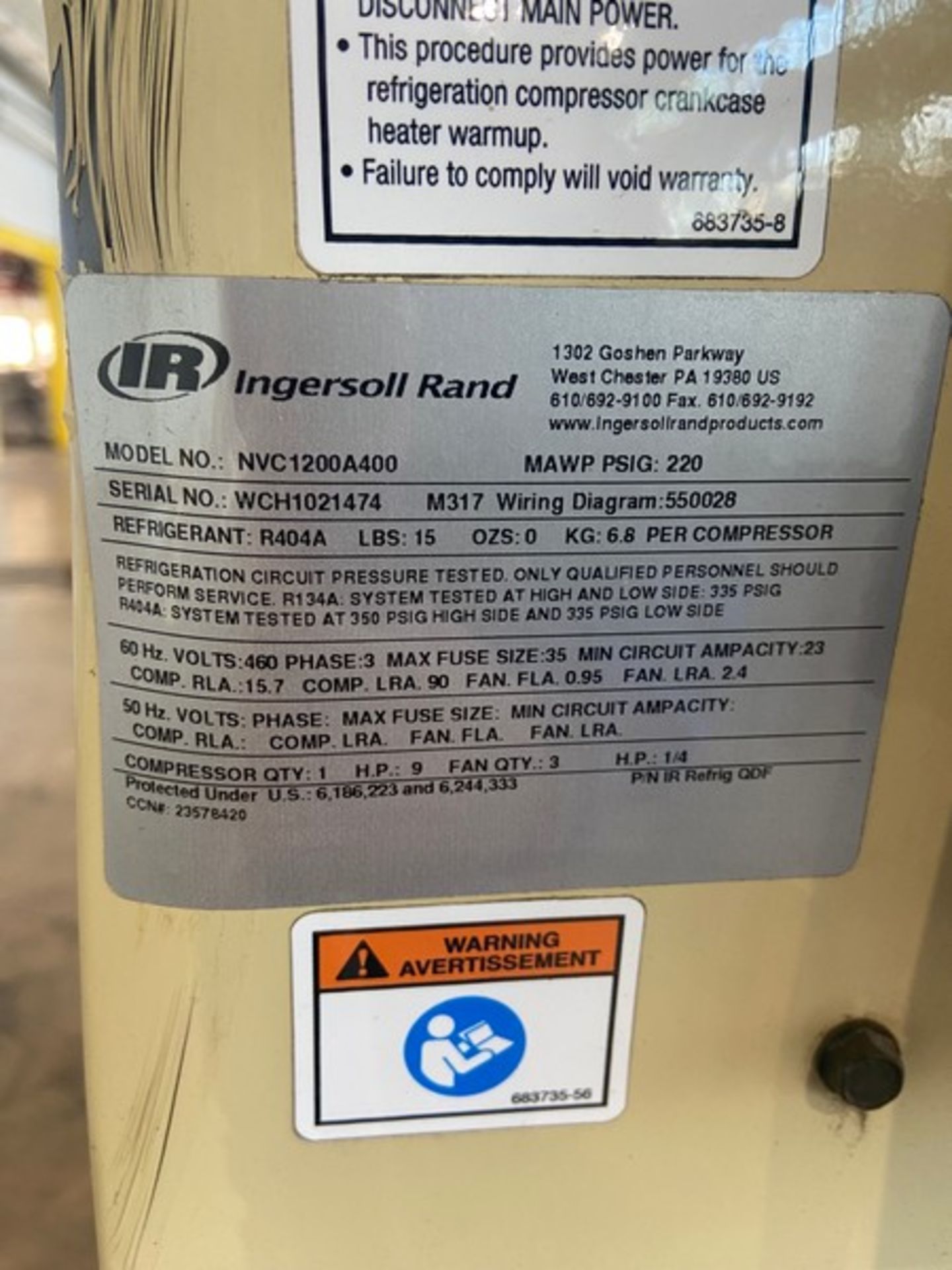 2018 Ingersoll Rand Refrigerated Air Dryer, M/N NVC1200A400, S/N WCH1021474, with 9 hp Motor, - Image 7 of 7