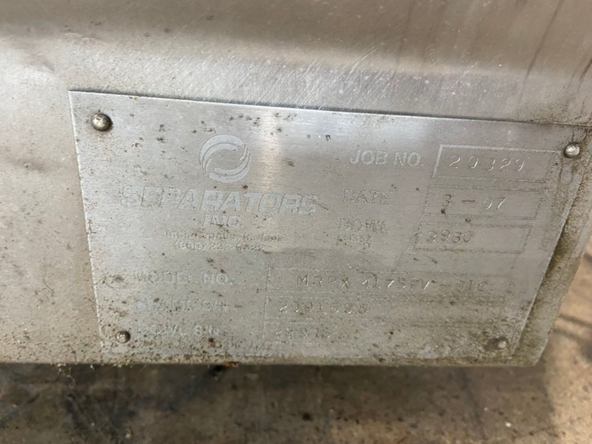 Separator Inc. S/S Separator, M/N MRPX4179IV316, S/N 2991595, Bowl RPM 3960(INV#88847) (Located @ - Image 10 of 12