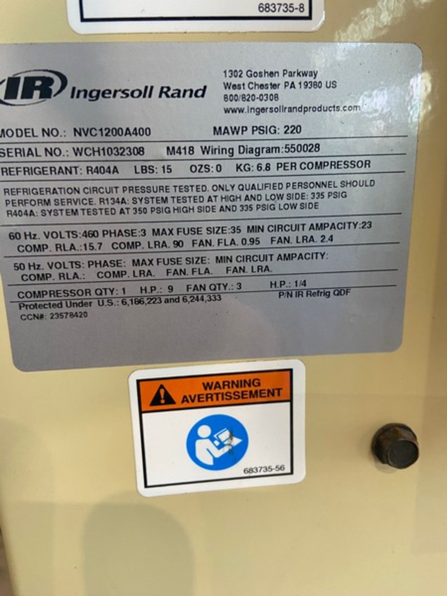 2018 Ingersoll Rand Refrigerated Air Dryer, M/N NVC1200A400, S/N WCH1032308, with 9 hp Motor, - Image 6 of 7