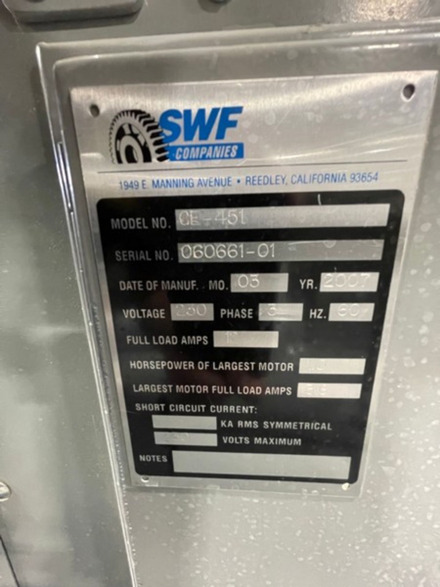 2007 SWF BOX ERECTOR, MODEL CE-451, S/N 060661-01, ALLEN BRADLEY MICROLOGIX 1200 CONTROLLER, 230V, 3 - Image 5 of 34