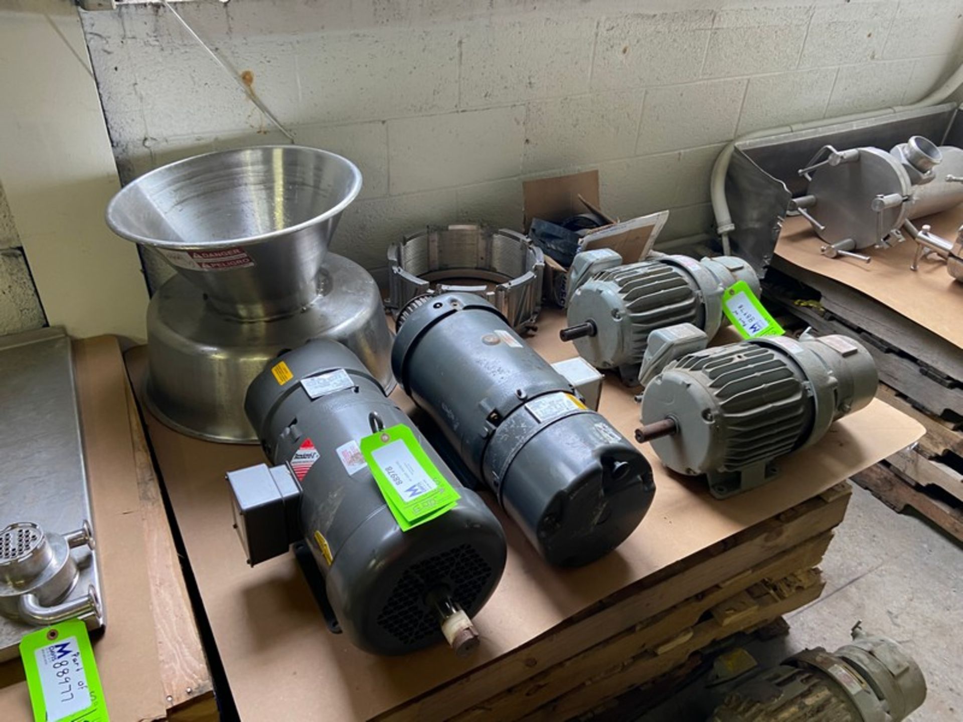 Lot of Assorted Urschel Shredder Parts, Includes Circular Blade, S/S Infeed Funnel, (2) Baldor 7.5