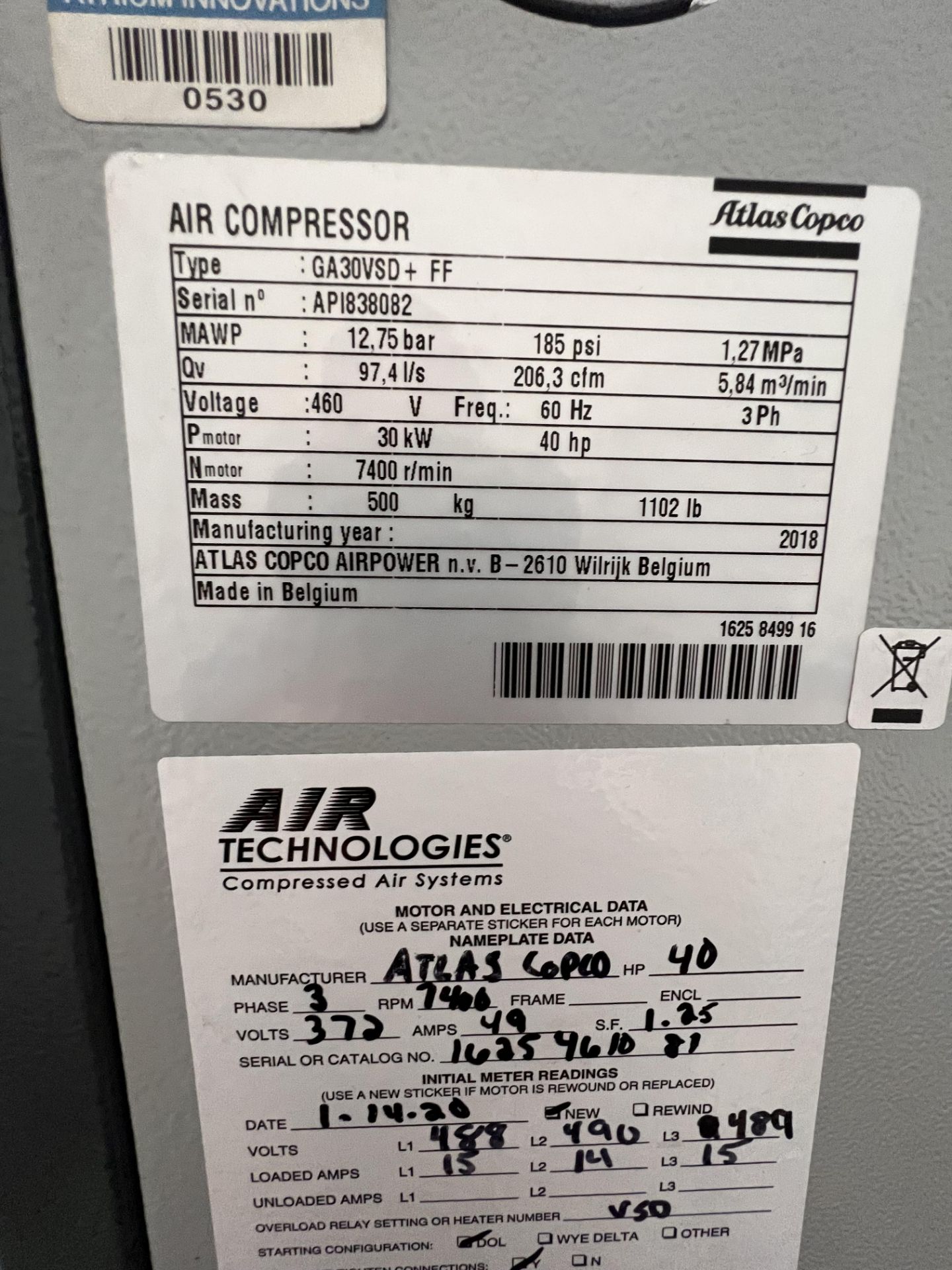 2018 ATLAS COPCO AIR COMPRESSOR, MODEL GA30VSD+FF, S/N AP1838082, 40 HP, 7400 RPM, MAWP 12,75 BAR, - Image 8 of 11