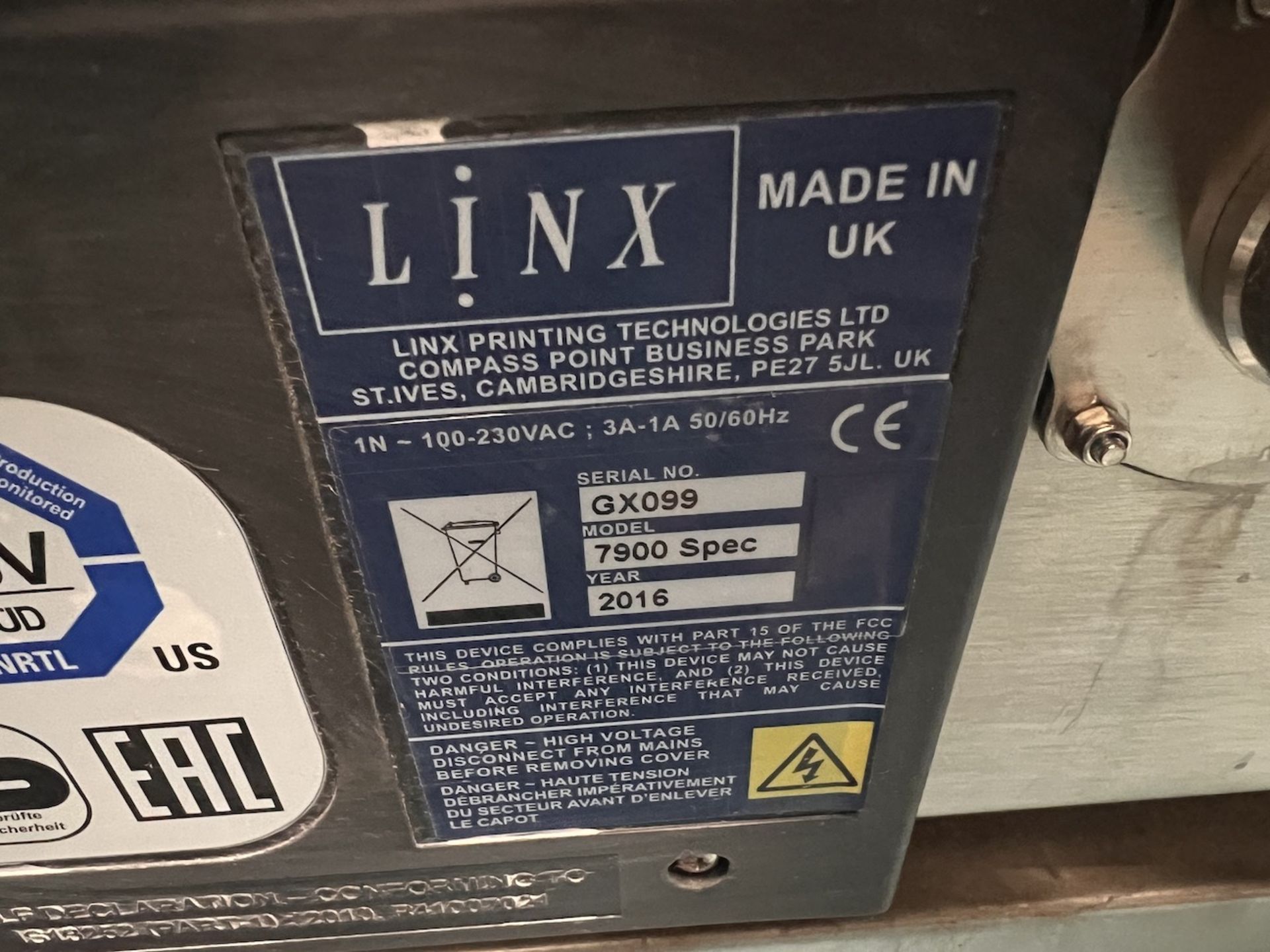 2016 LINX SINGLE HEAD DATE CODER, MODEL 7900 SPEC, S/N GX099, 100-230 VAC, 50-60 HZ - Image 5 of 8