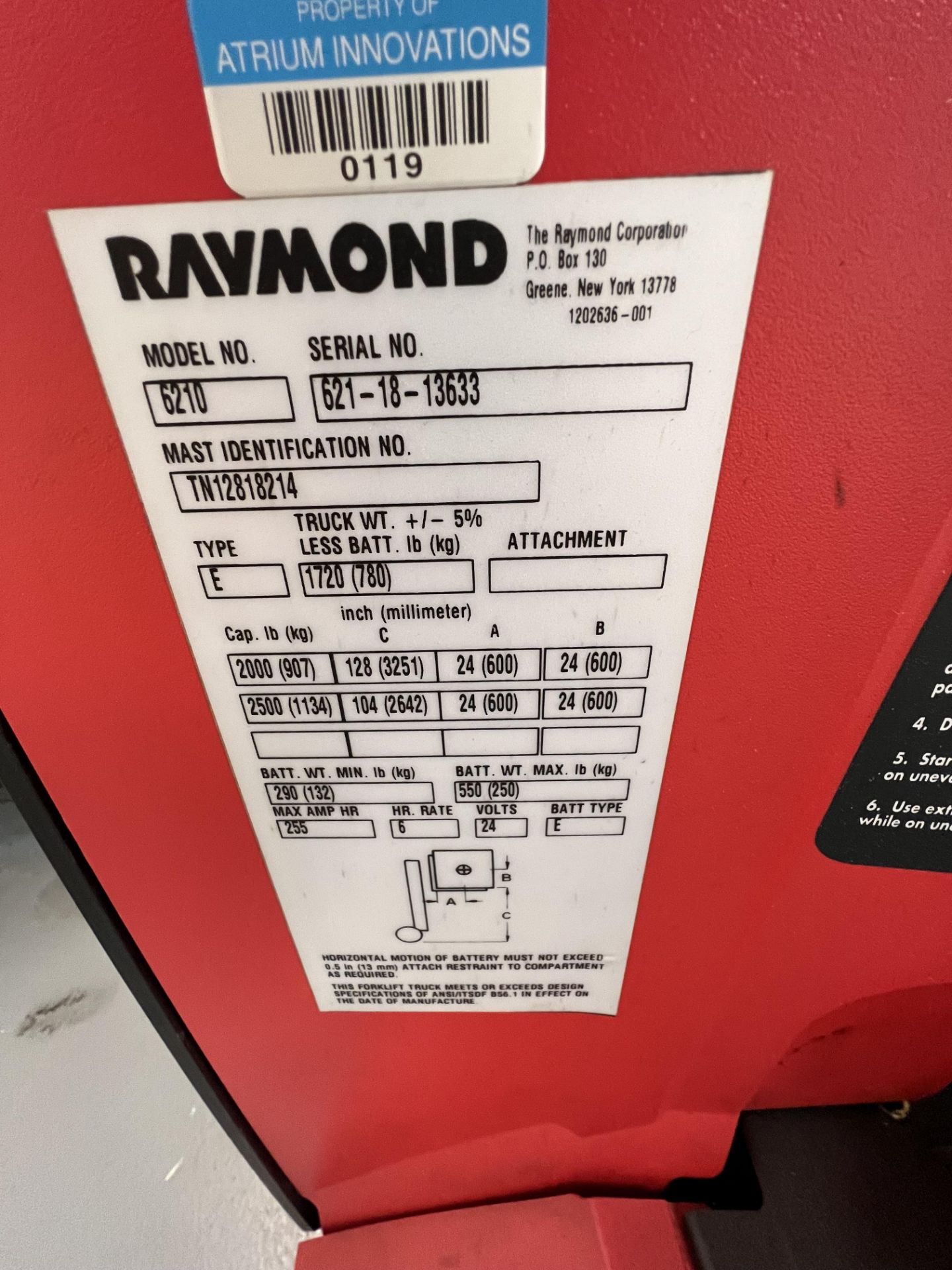 RAYMOND ELECTRIC WALK-BEHIND PALLET JACK, MODEL 6210, S/N 621-18-13633(SOLD SUBJECT TO CONFIRMATIO - Image 10 of 10