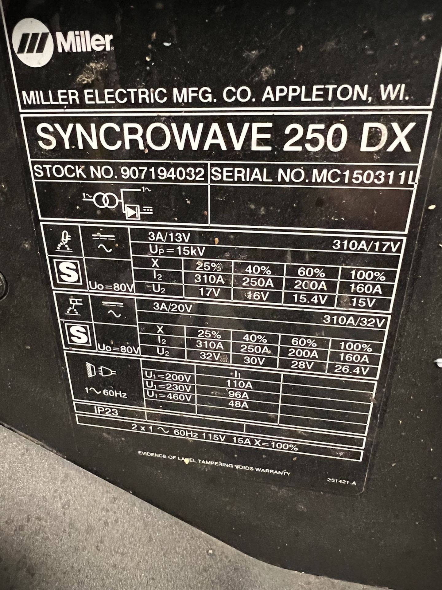 MILLER ELECTRIC SYNCROWAVE 250 DX WELDER, S/N MC150311L, FINGER AND PEDAL TORCH - Image 2 of 6