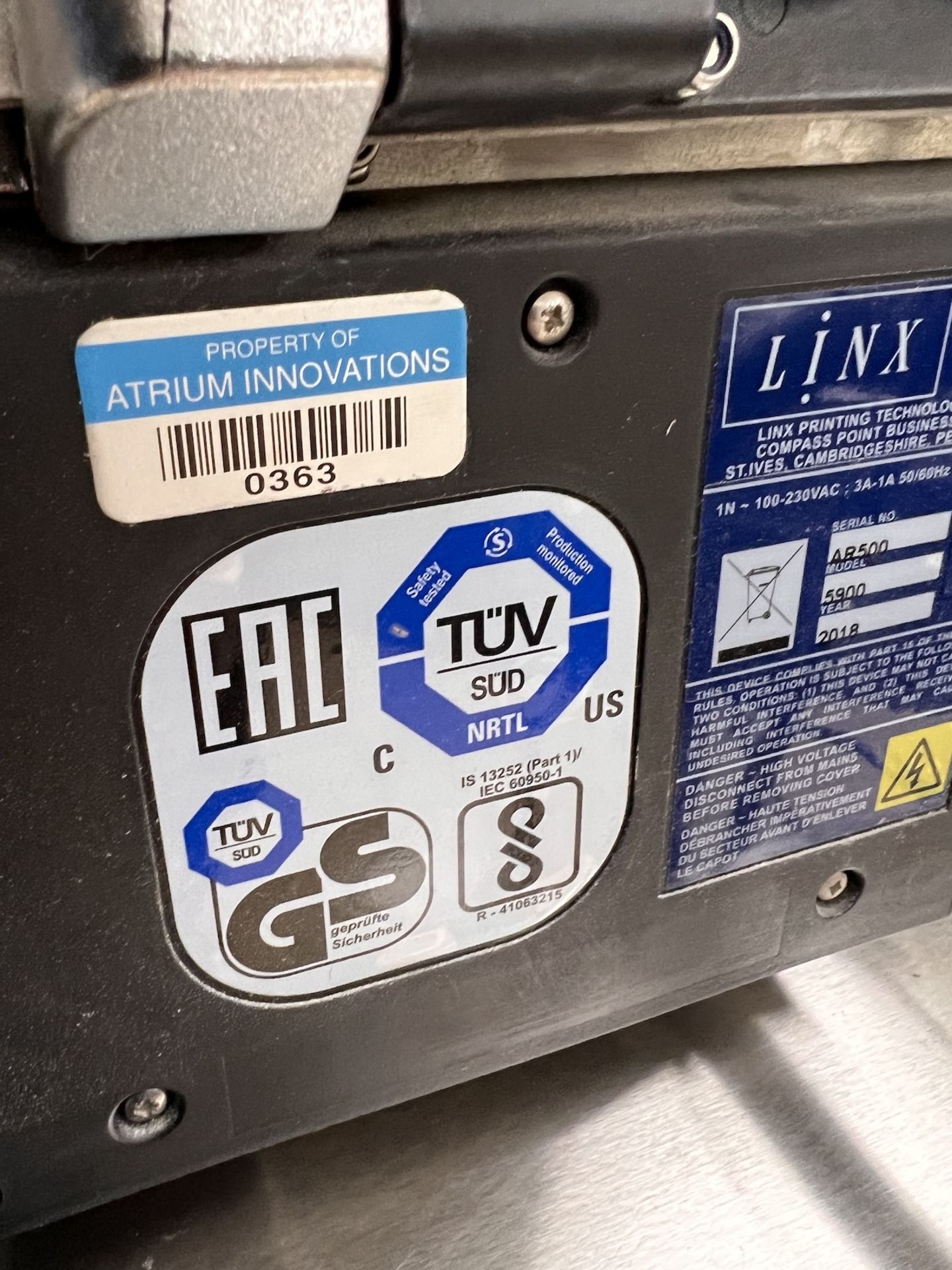 2018 LINX SINGLE HEAD DATE CODER, MODEL 5900, S/N AR500, 100-230 VAC,50/60 HZ - Image 8 of 9