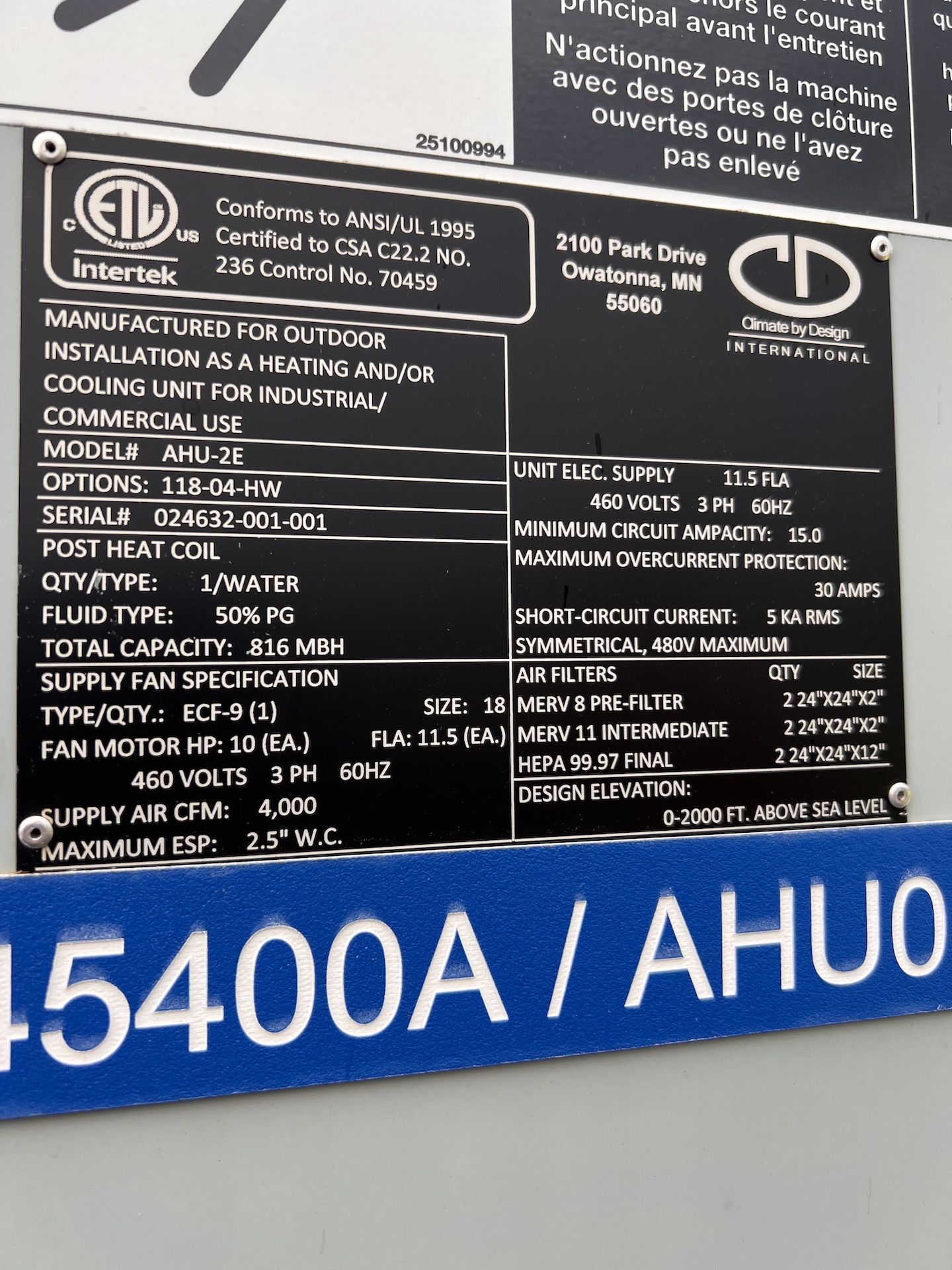 CLIMATE BY DESIGN AIR HANDLING UNIT, MODEL AHU-2E, S/N024632-001-001, 460 V, PREVIOUSLY OPERATING IN - Image 18 of 20