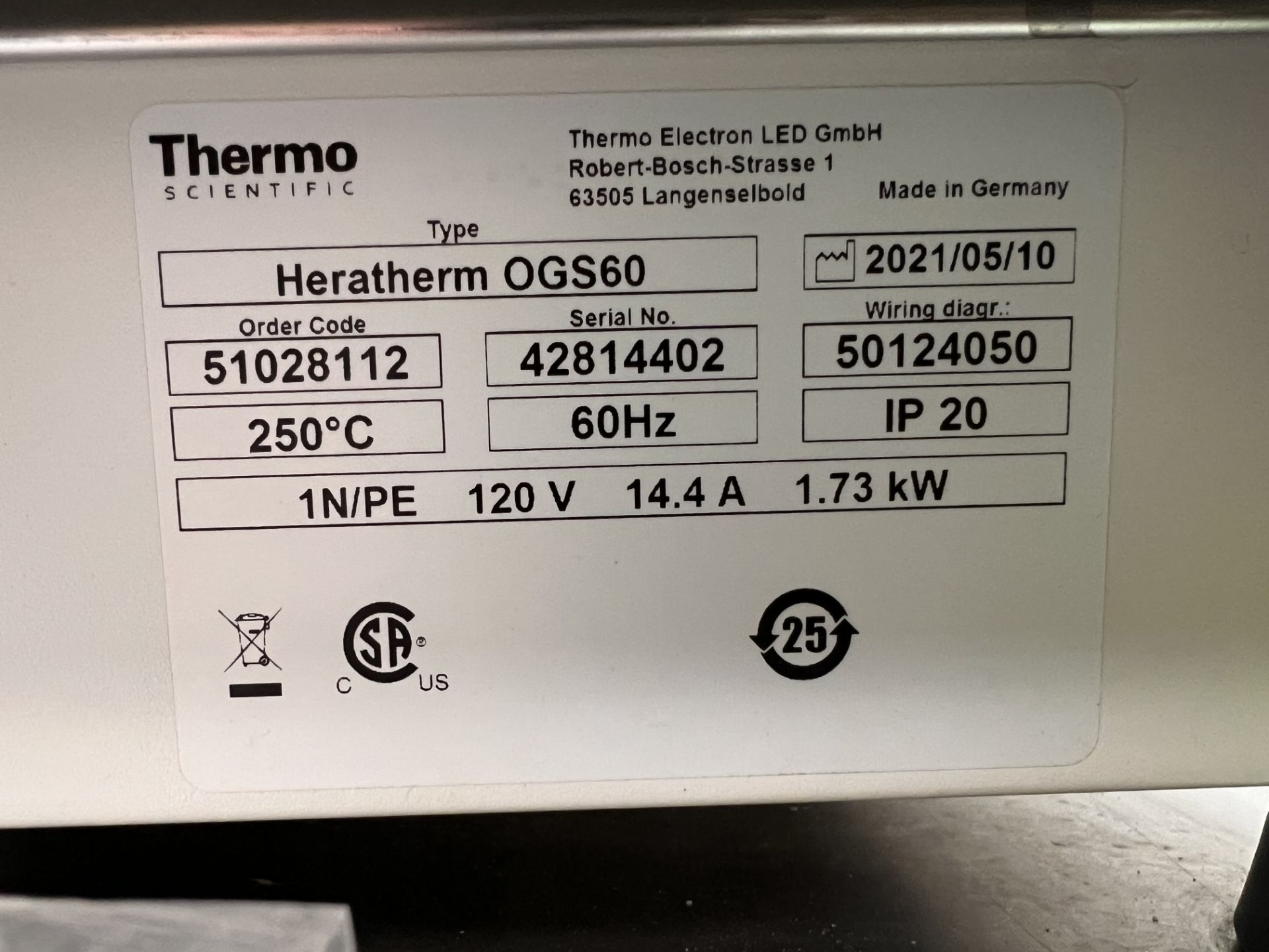 2021 THERMO SCIENTIFIC HERATHERM OGS60 LAB OVEN, MODEL HERATHERM OGS60, S/N 42814402 - Image 4 of 6